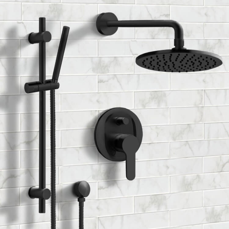 Remer SFR40 Matte Black Shower System with 8 Inch Rain Shower Head and Hand Shower